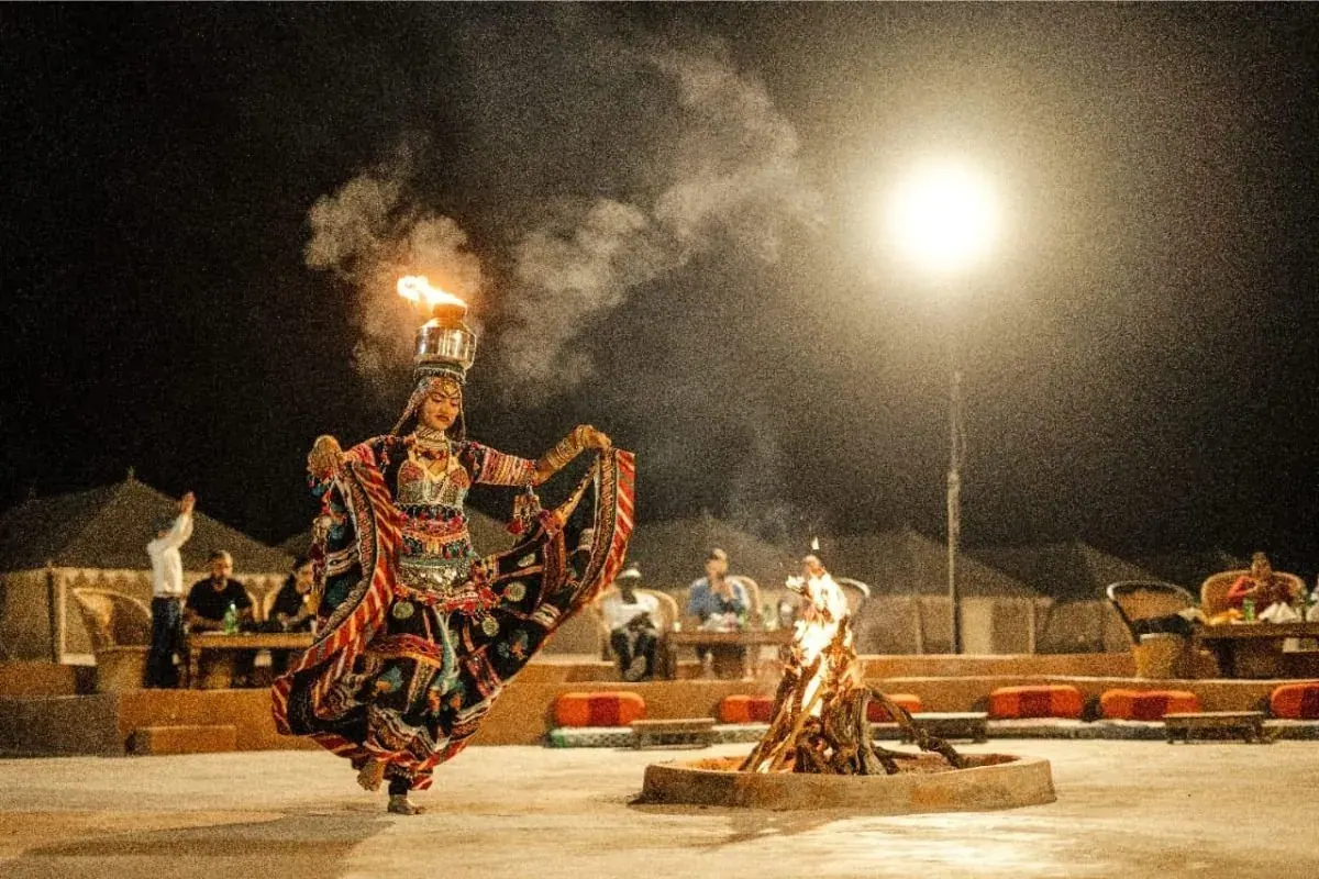 Fire dance performance at a Jaisalmer desert camp